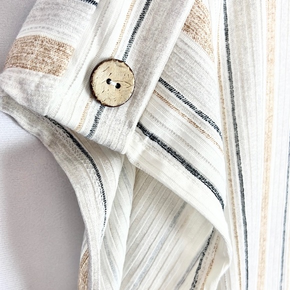 CURE |🍨Cream Beige Striped Buttons Trim Tied-Front Textured Buttons Trim Blouse - Picture 5 of 9